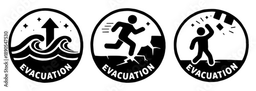自然災害別の避難行動を示す円形防災ステッカーイラスト、Circular Evacuation Action Stickers for Natural Disasters