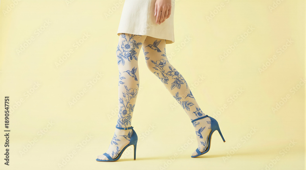 Naklejka premium A side view of a person walking in white tights featuring blue floral and hummingbird patterns paired with blue high-heeled sandals against a solid pastel yellow background