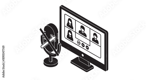 Online meeting on computer screen with microphone for video conferencing and remote communication