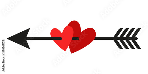Hearts pierced by an arrow icon. Colored silhouette. Front and side view. Vector simple flat graphic illustration. Isolated object on a white background.