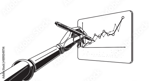 Robot hand holding pen analyzing upward trending graph on transparent screen with fluctuating line chart in monochrome illustration
