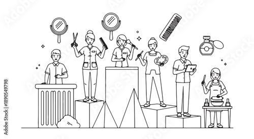 Group of people standing on podiums holding various objects and symbols of science and education in a minimalist line art style