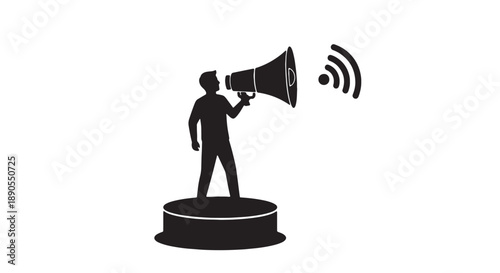 Man standing on platform shouting through megaphone with wireless signal icon nearby black silhouette against white background communication concept