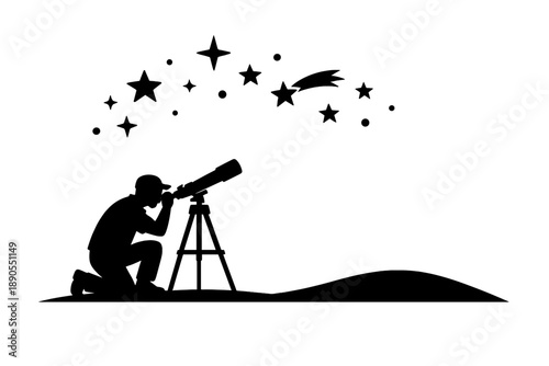 Watching stars through a telescope at night on a hill near a town with clear skies and visible meteors