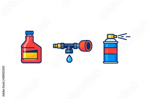 Different types of cleaning supplies arranged side by side showing a bottle, a spray nozzle, and an aerosol can in a simple layout