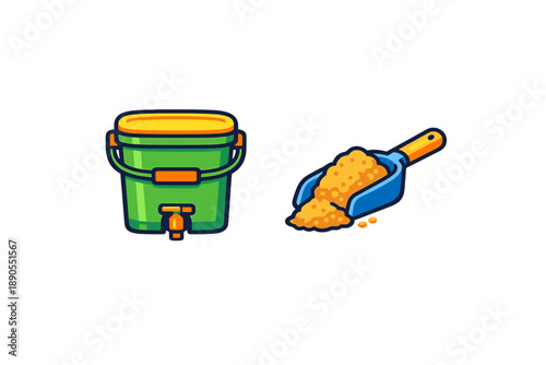 Image shows a green bucket with a tap and a blue scoop filled with yellow sand in a simple setting during the day