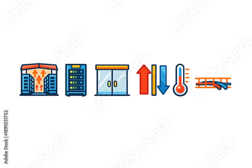 Icons show different elements of a building with elevators, temperature indicators, and storage configurations