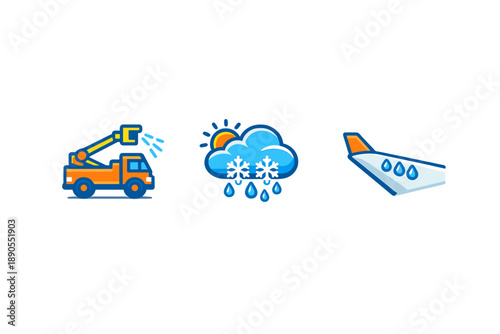 Winter weather preparation with snow removal truck, cloudy skies, and airplane de-icing process in view
