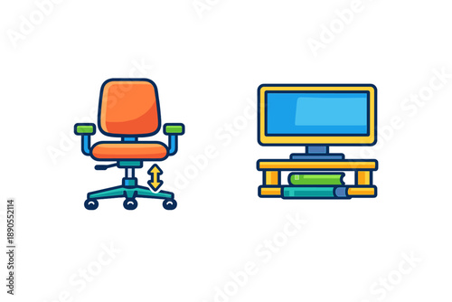 Office chair and television stand with books shown in simple design for workspace and entertainment area