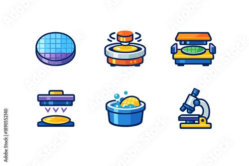 Different stages of semiconductor wafer processing shown in six illustrations, including cleaning, patterning, and inspection steps