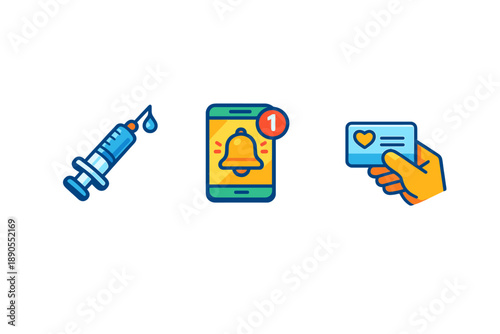 Illustration of a syringe, a smartphone with a notification, and a hand holding a card, showing the process of vaccination and health tracking