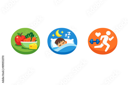 Focus on healthy habits for daily life through balanced nutrition, restful sleep, and regular exercise in a simple lifestyle illustration