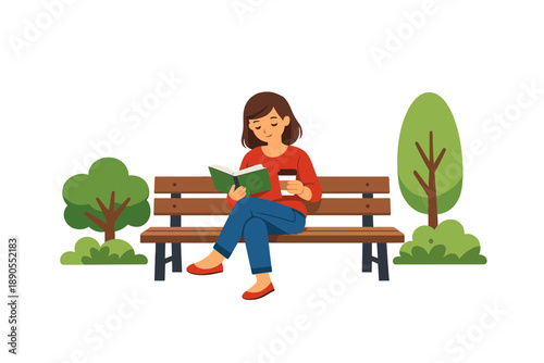 Woman sits on bench in park reading book and holding coffee cup during daytime surrounded by trees and bushes
