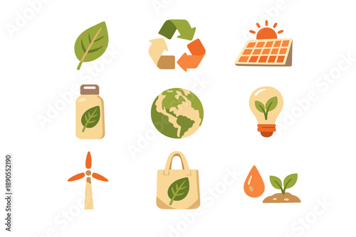 Icons representing eco-friendly concepts, including recycling, renewable energy, and sustainability at a modern design standard