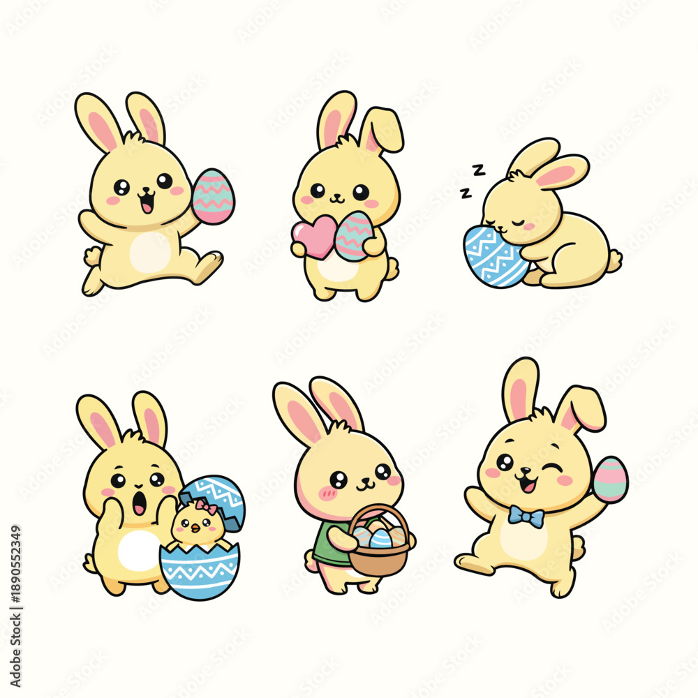 Obraz premium Cute Kawaii Easter Bunny Actions Set with Decorated Eggs Flat Vector