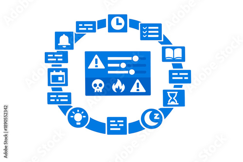 Icons show different tasks, alerts, and reminders used in project management and time tracking for various activities throughout the day