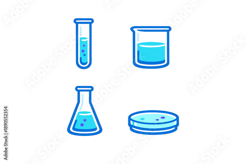 Different types of laboratory glassware showing various containers with blue liquid in a scientific setting for experiments in chemistry or biology classes