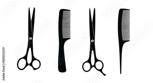 Black silhouettes of hairdressing tools scissors and combs silhouette