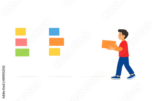 Child carries a box while sorting colorful blocks on a board at home during daytime