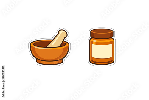 Drawing of a wooden mortar and pestle next to a jar, showing tools for grinding and mixing ingredients in a kitchen setting