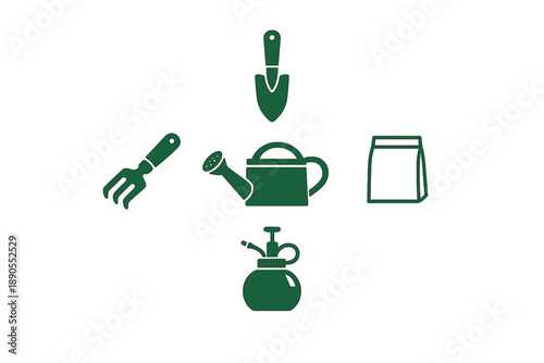 Gardening tools and equipment are arranged in a simple layout that shows their purpose and use without any embellishments