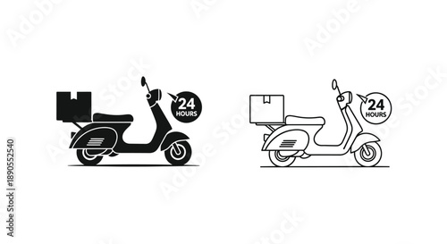 Two delivery scooters with 24 hour logos black and white silhouette