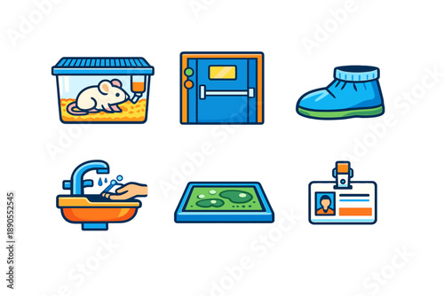 Mouse in a cage and various items including a shower, shoe, and sink related to a lab environment in a simple layout