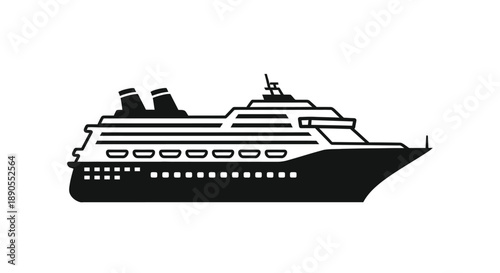 A detailed black silhouette of a large cruise ship sailing the sea