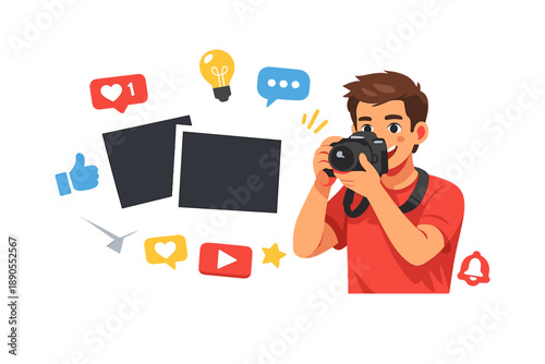 Young man takes pictures with a camera in a digital environment with social media symbols and graphic elements representing online sharing
