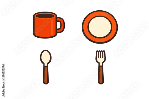 Bright red mug and plate with spoon and fork on plain background showing dining setup and tableware for a meal at home