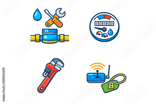 Icons of plumbing tools and equipment used for water supply management in various home and building maintenance tasks