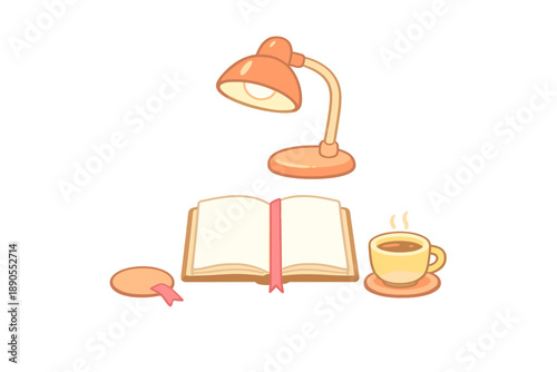 Cozy reading space with an open book, a cup of coffee, and a desk lamp at night