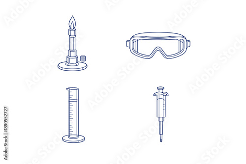 Science lab equipment for experiments in a classroom setting with tools for safety and measurement used in various activities