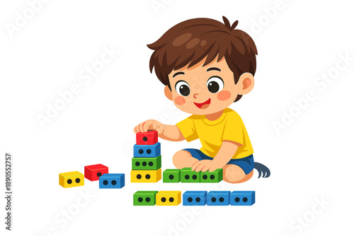 Child builds with colorful blocks on white background during playtime at home or preschool environment in the afternoon