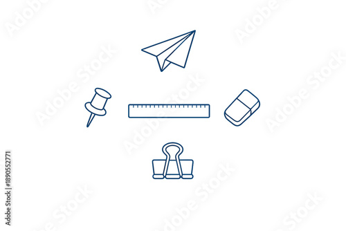 Items commonly found on a desk for writing, organizing, and planning, including a paper airplane, ruler, eraser, binder clips, and pushpin