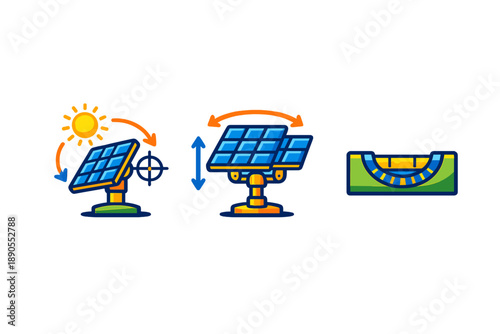 Solar panel setup process showing sun tracking, adjustment features, and leveling tool for efficient energy collection at various times of the day