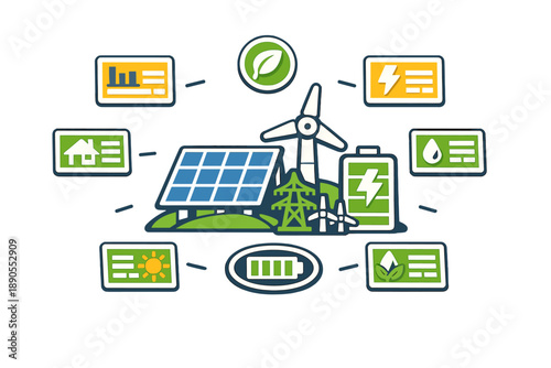 Graphic showing renewable energy sources and technology for clean power generation, featuring wind turbines, solar panels, and energy storage