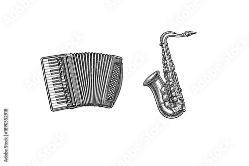 Different musical instruments placed next to each other showing the unique shapes and features of an accordion and a saxophone in simple design