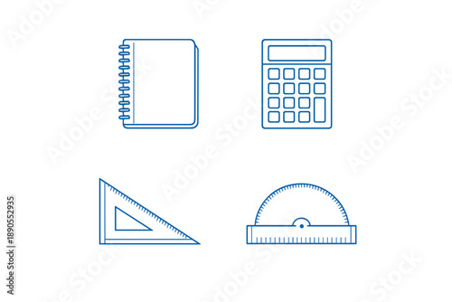 Set of school supplies including a notebook, calculator, ruler, and protractor on a plain background used for studying or learning in a classroom setting