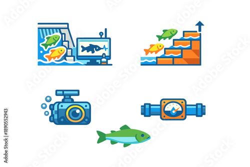 Fish illustrations showing different activities related to aquaculture and fish monitoring in a simple and clear layout on a white background