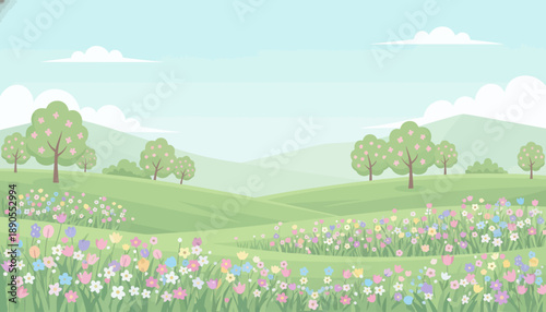Lush Green Meadow with Blooming Flowers and Distant Mountains.