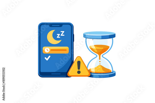 Sleep timer app usage is shown with a smartphone, hourglass, and alert sign, illustrating the concept of managing sleep time effectively in a digital age