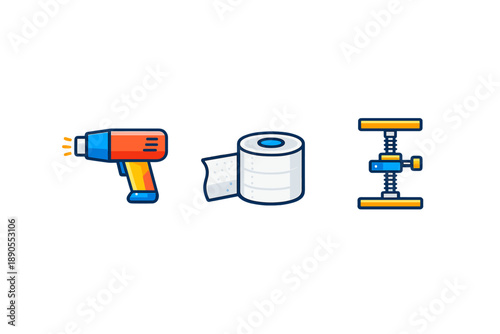 Various tools on a white background showing a glue gun, a roll of paper, and a clamp used in craft and DIY activities in a workspace