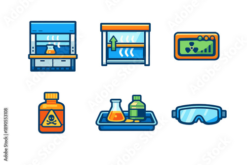 Laboratory equipment and safety items displayed in a clean workspace during a science experiment on a weekday