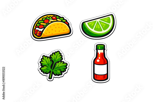 Stickers of taco, lime, cilantro, and hot sauce on a white background showing popular food items used in many dishes