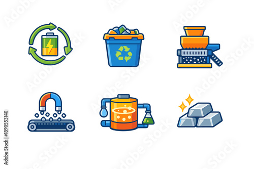 Exploring recycling processes in modern technology with icons representing battery recycling, waste management, and material recovery methods