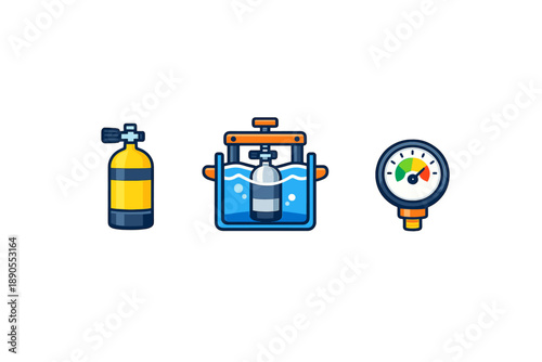 Oxygen cylinder, water tank, and pressure gauge displayed in a simple design representing scuba diving equipment and activities