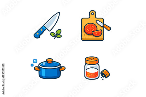 Cooking preparation with a knife, chopping board, ingredients, and pot on a kitchen countertop at home