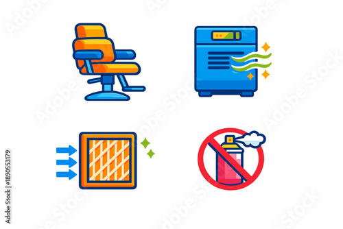 Different tools for cleaning and styling in a salon setting shown on a white background with a simple design