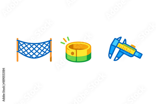 Different tools and objects show a net, a ring, and a caliper that are used in various activities for measuring and securing items